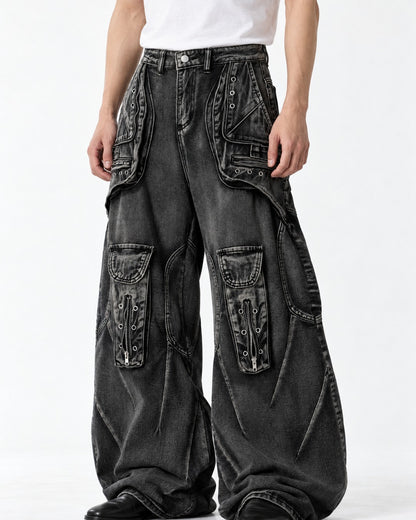 Eyelet Pocket Washed Black Cargo Jeans
