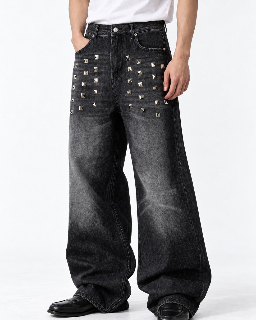 Studded Distressed Wide Jeans