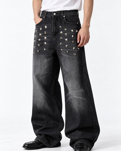 Studded Distressed Wide Jeans