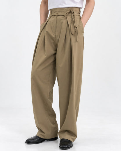 Tie-Waist Pleated Wide Trousers