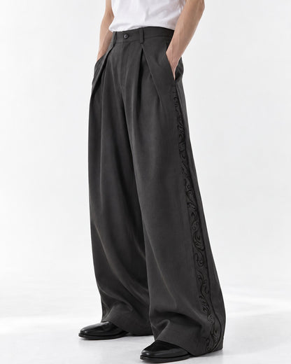 Pleated Wide-Leg Trousers with Side Embroidery