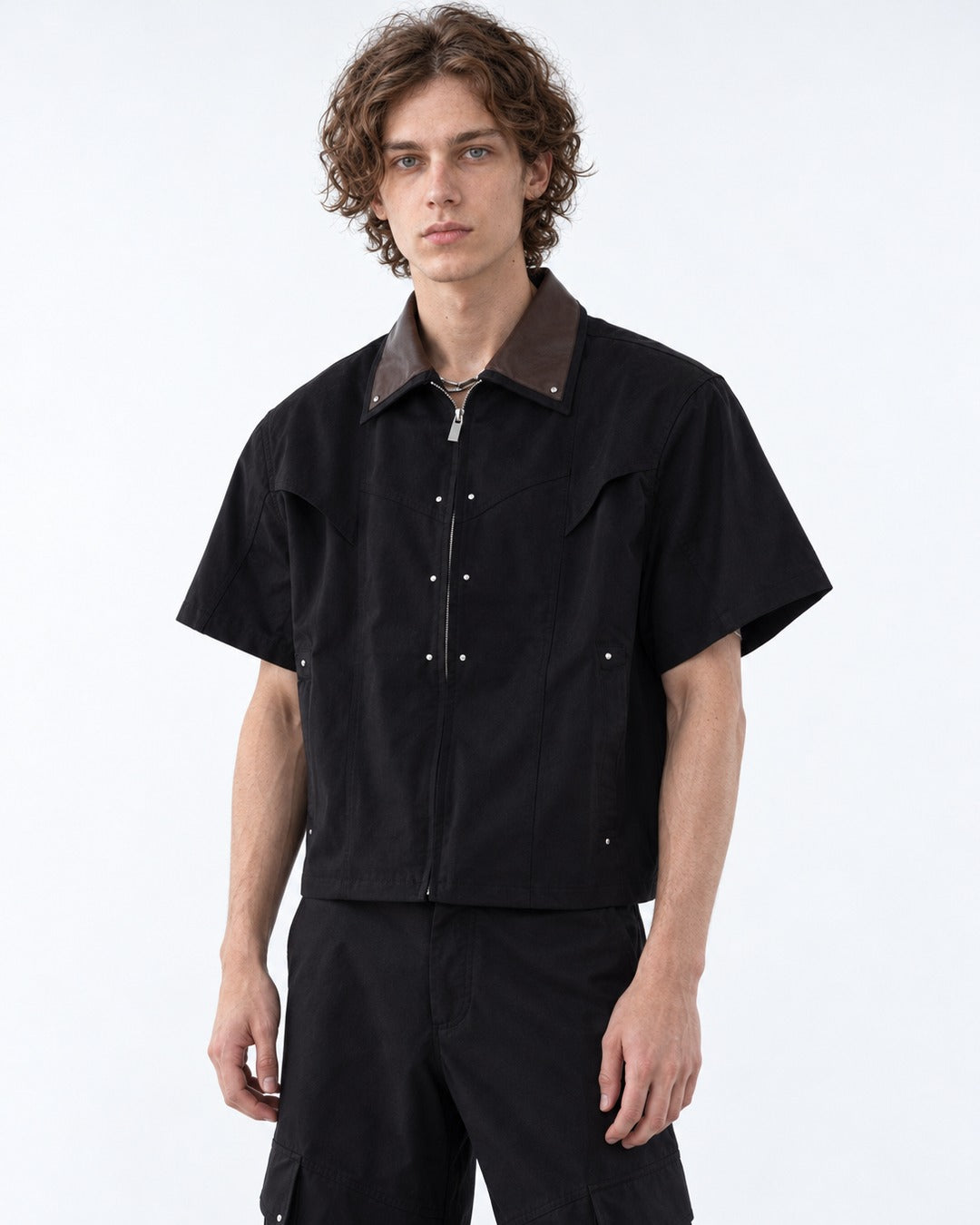 Brown Collar Studded Zip Shirt and Cargo Pants Set