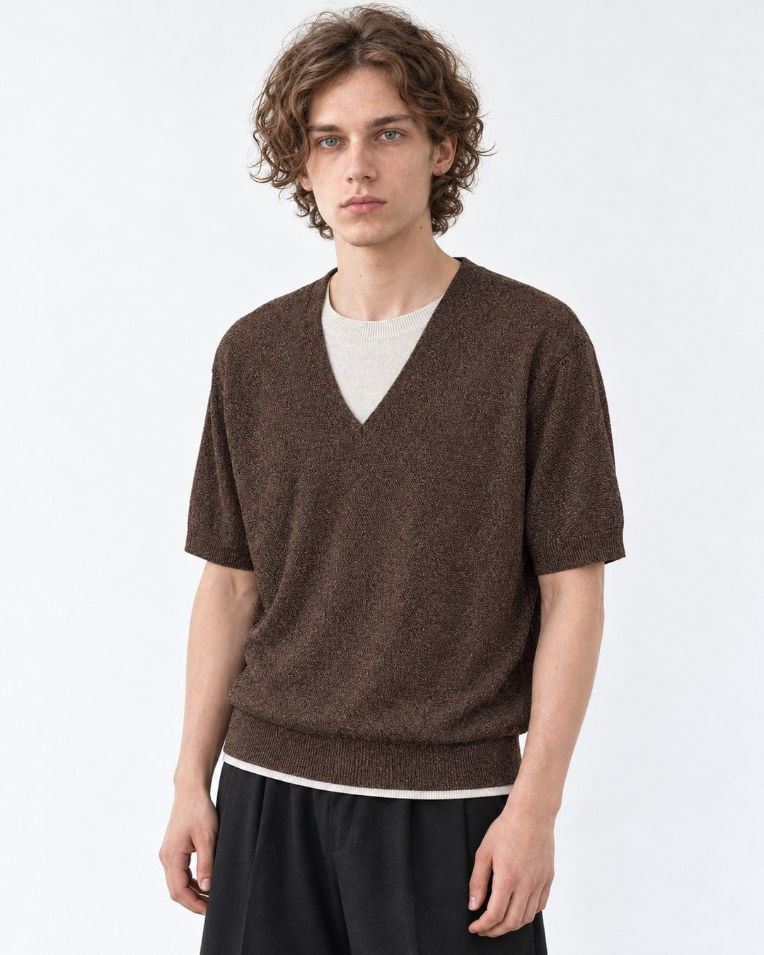 Layered V-Neck Short Sleeve Knit Top
