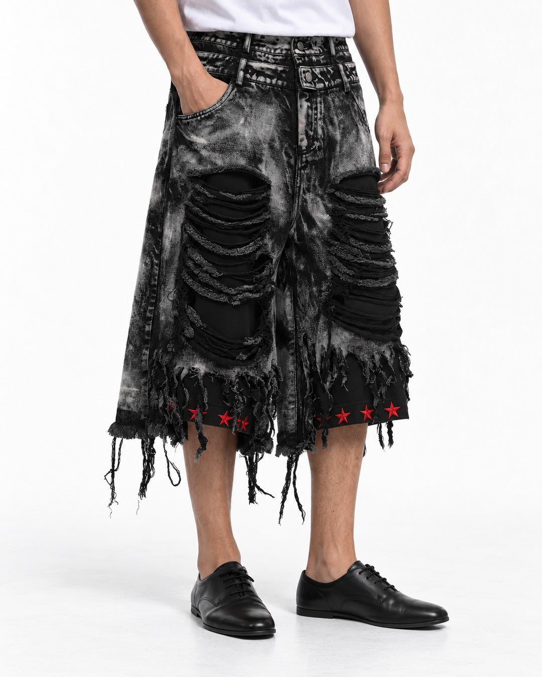 Distressed Fringe Denim Shorts with Red Stars