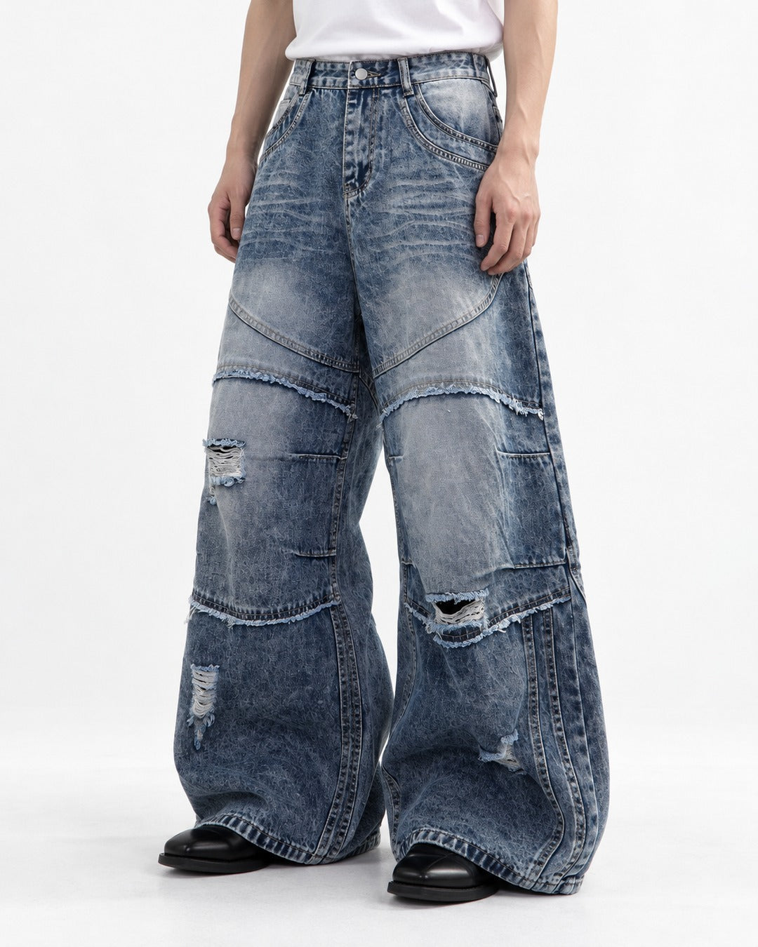 Stacked-Panel Frayed Blue Wide-Leg Jeans