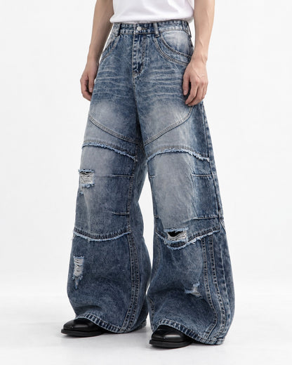 Stacked-Panel Frayed Blue Wide-Leg Jeans