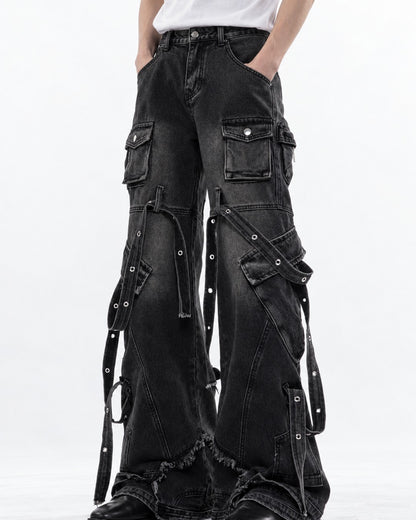 Strap Detail Frayed Hem Jeans