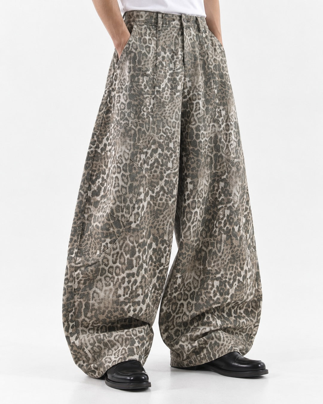 Washed Leopard Barrel Wide-Leg Pants