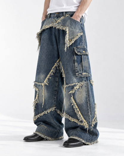 Star Patch Frayed Cargo Wide-Leg Jeans