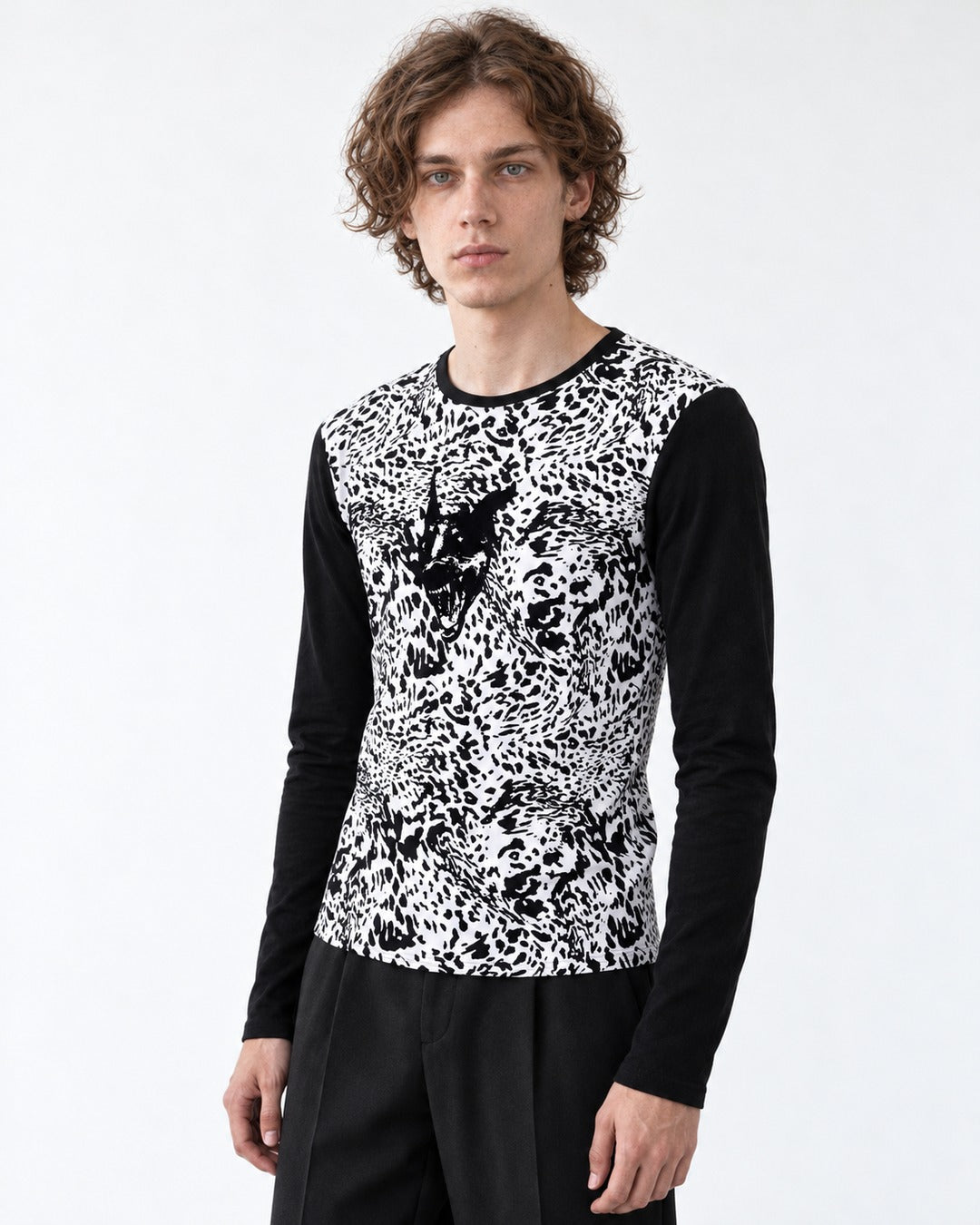 Wolf Head Leopard Color-Block Long-Sleeve T-Shirt