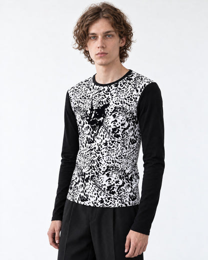 Wolf Head Leopard Color-Block Long-Sleeve T-Shirt