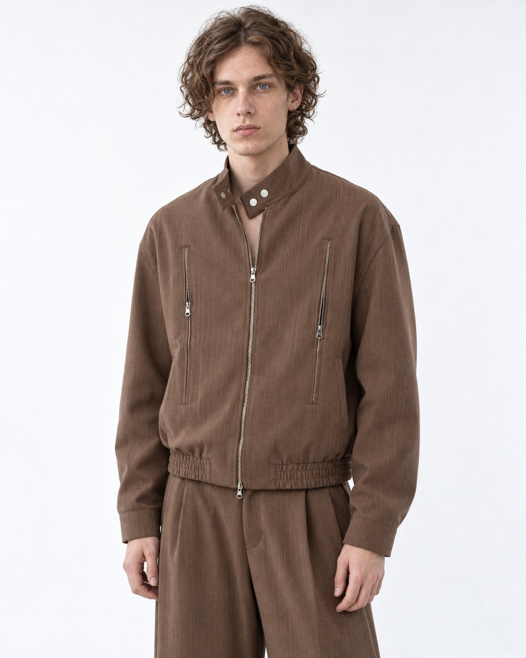 Pinstripe Stand Collar Zip Jacket and Wide Pants Set