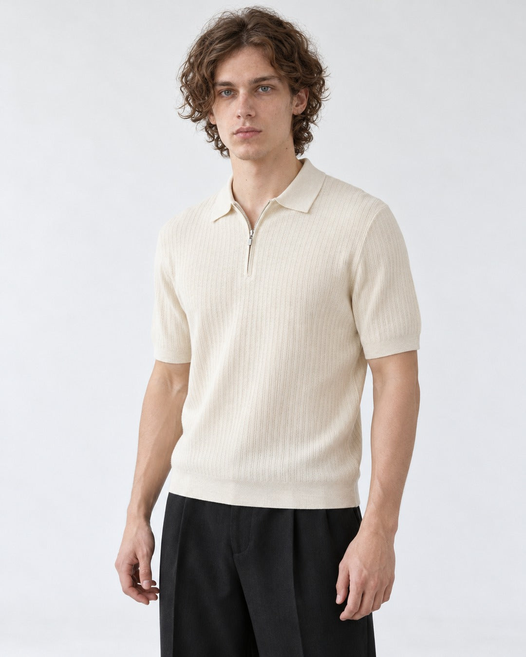 Ribbed Half-Zip Knit Polo
