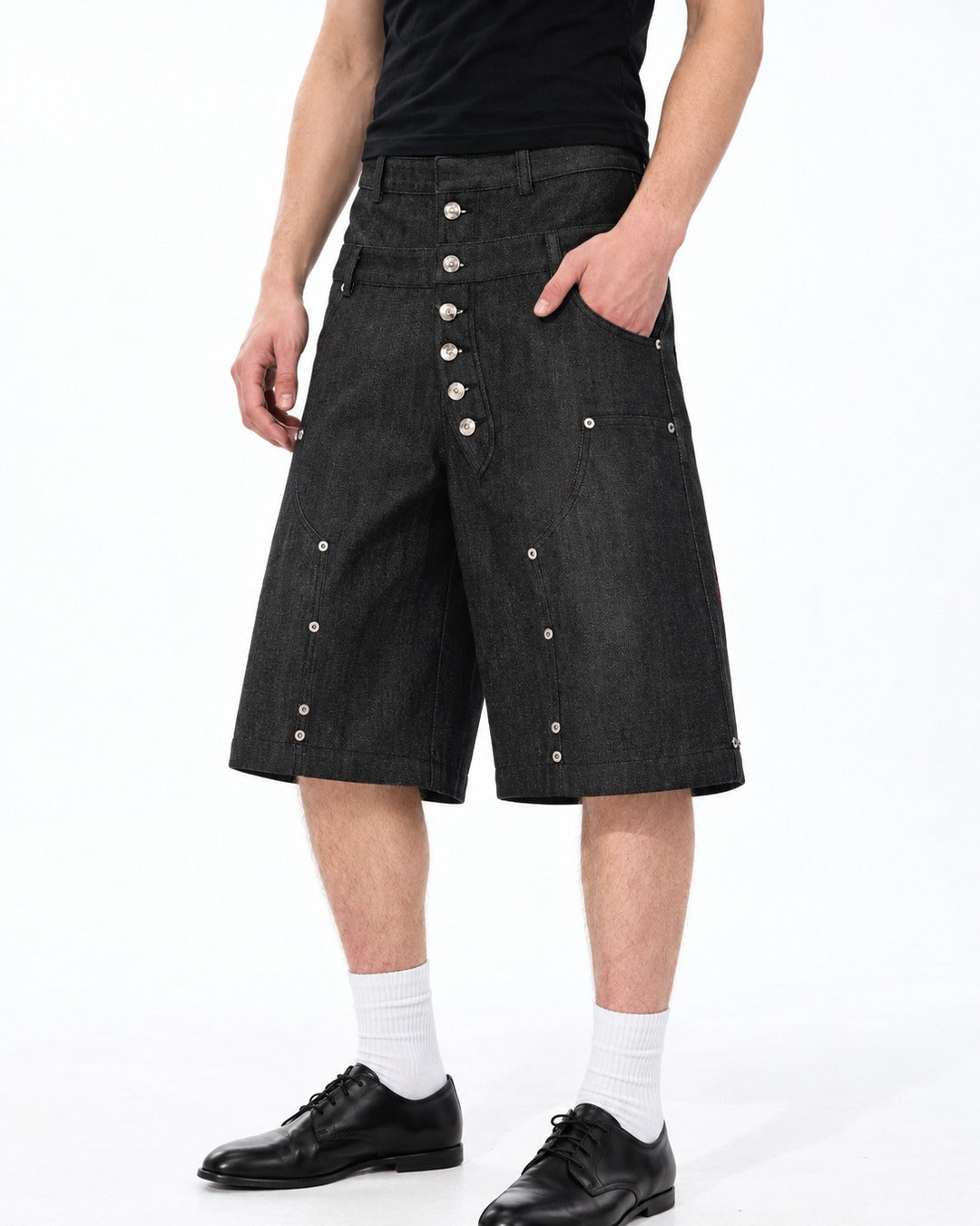 Music Note Embroidered Studded Denim Shorts