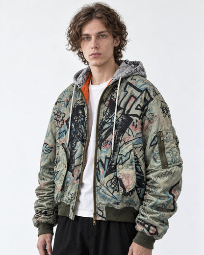 Graffiti Print Hooded Bomber Jacket