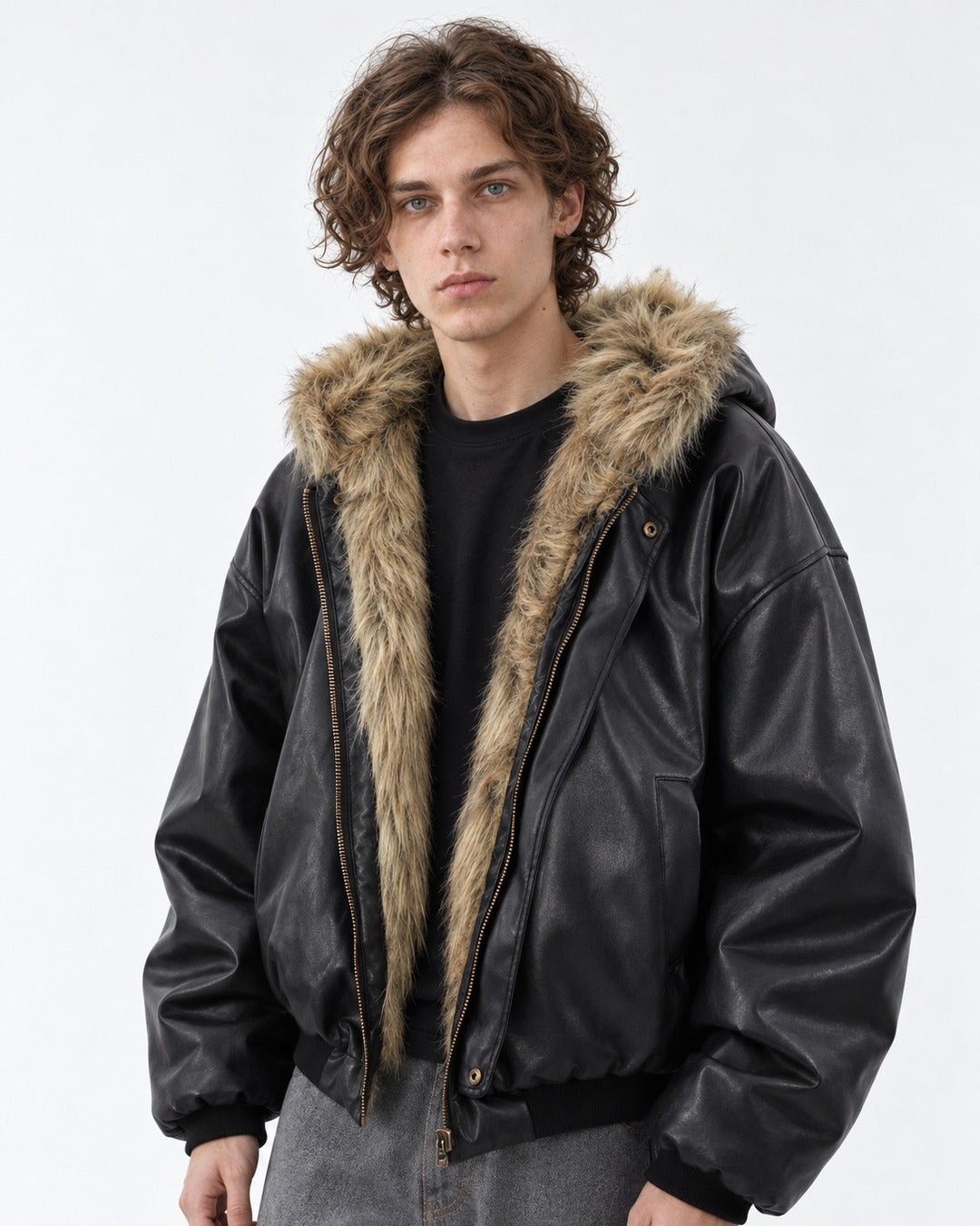 Faux-Fur Lined Hooded Leather Bomber