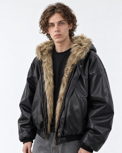 Faux-Fur Lined Hooded Leather Bomber