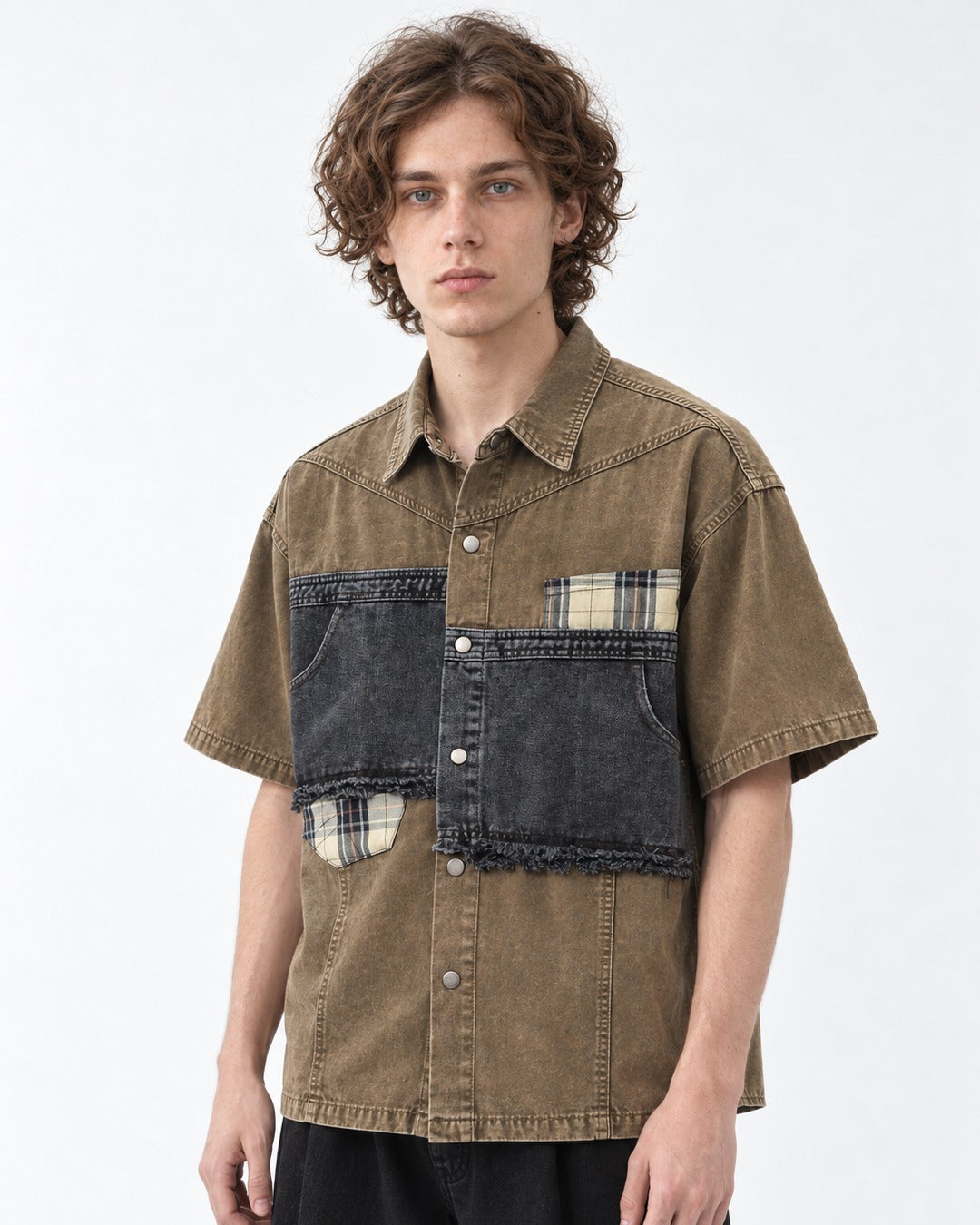 Distressed Denim Patchwork Short-Sleeve Shirt