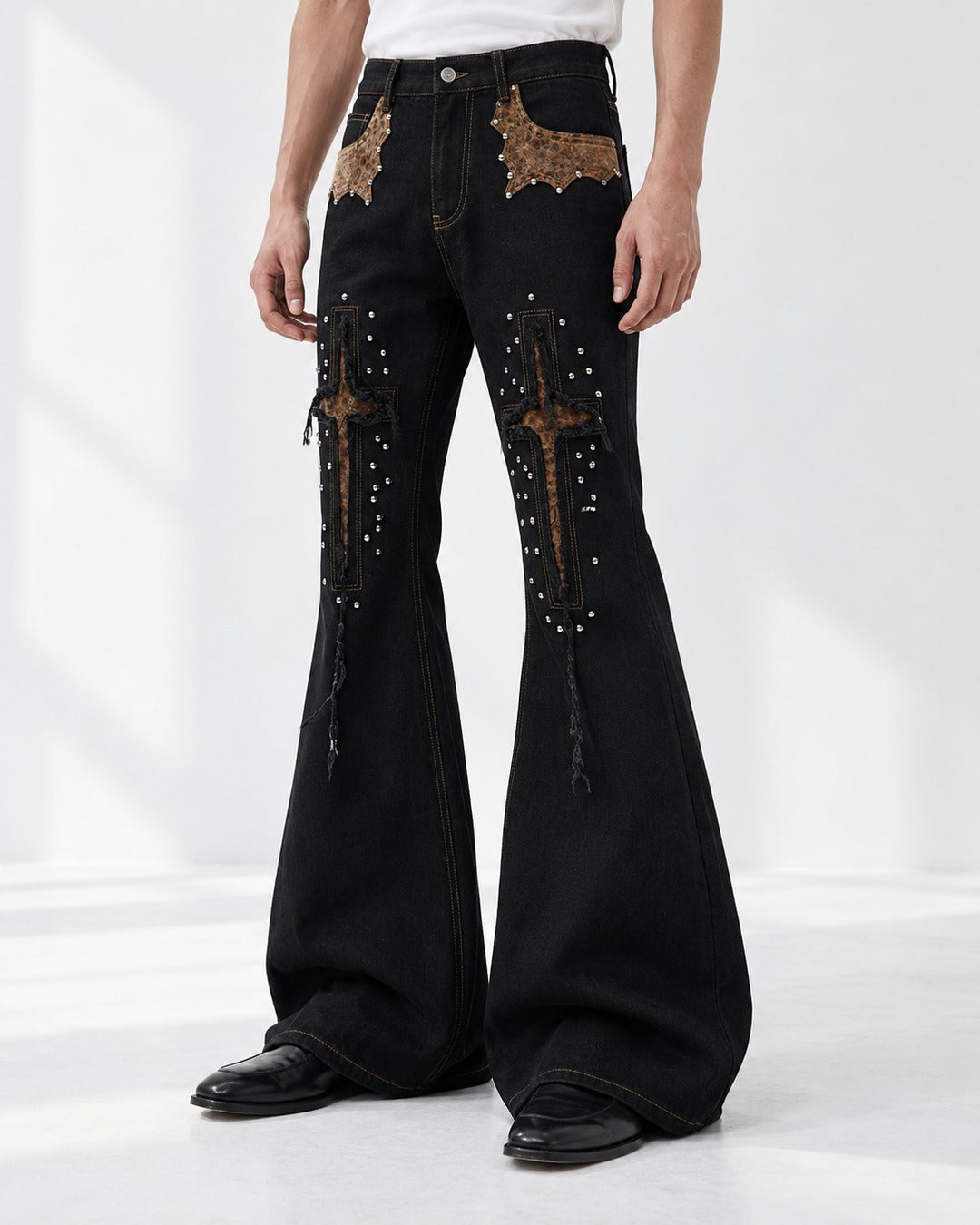 Studded Cross Patch Flared Jeans