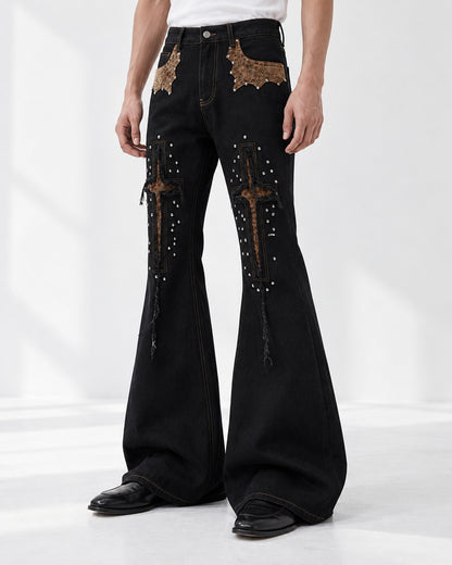 Studded Cross Patch Flared Jeans