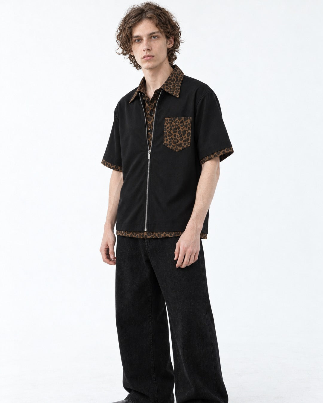 Leopard Trim Zip Shirt