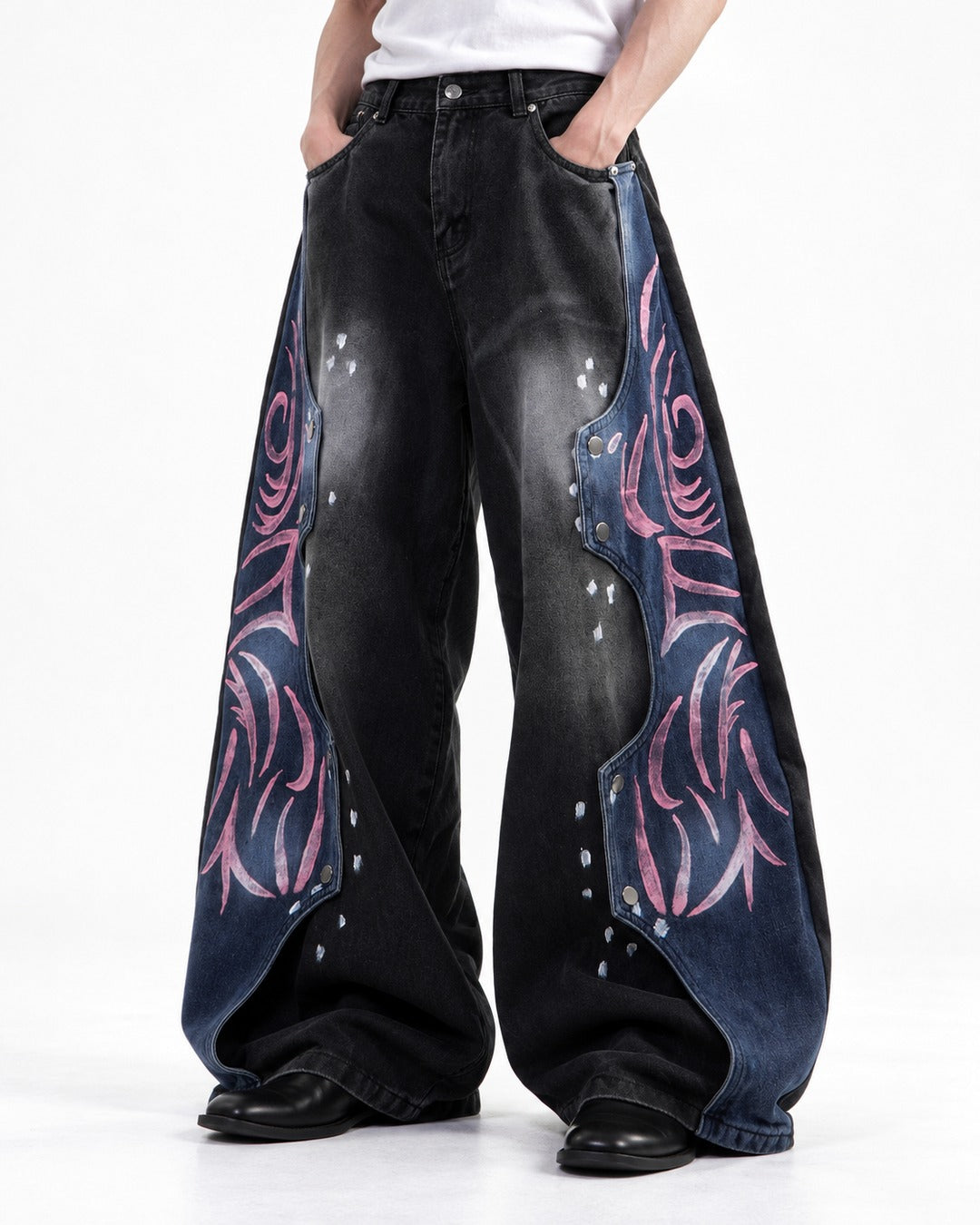 Pink Tribal Pattern Blue-Panel Black Wide-Leg Jeans