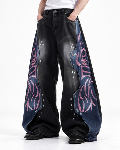 Pink Tribal Pattern Blue-Panel Black Wide-Leg Jeans