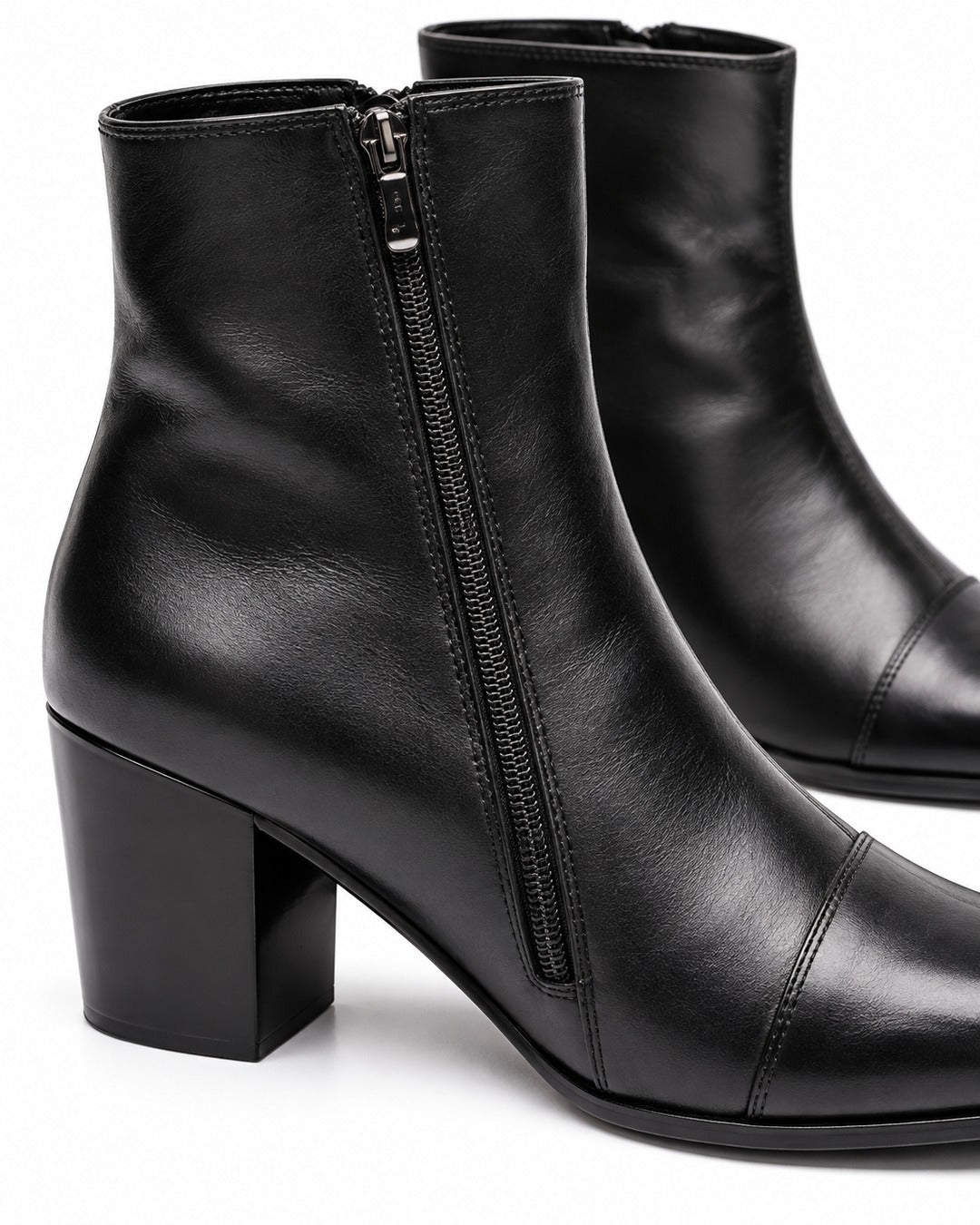 Pointed-Toe Block-Heel Zip Ankle Boots