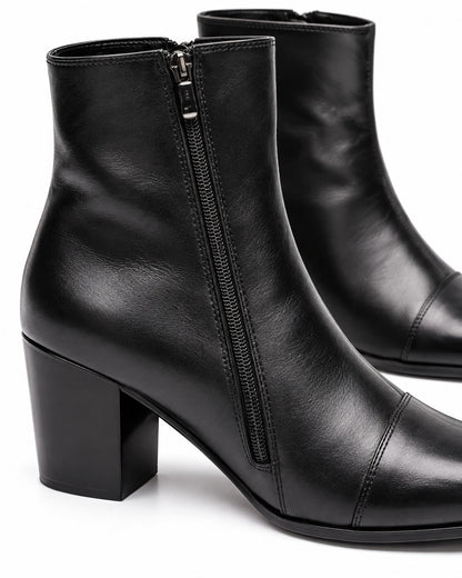Pointed-Toe Block-Heel Zip Ankle Boots