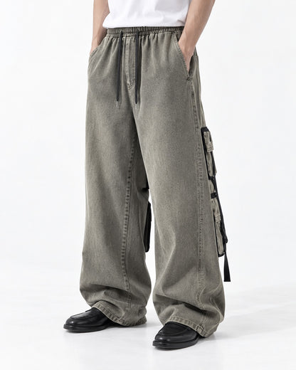Washed Strap-Pocket Wide Cargo Pants