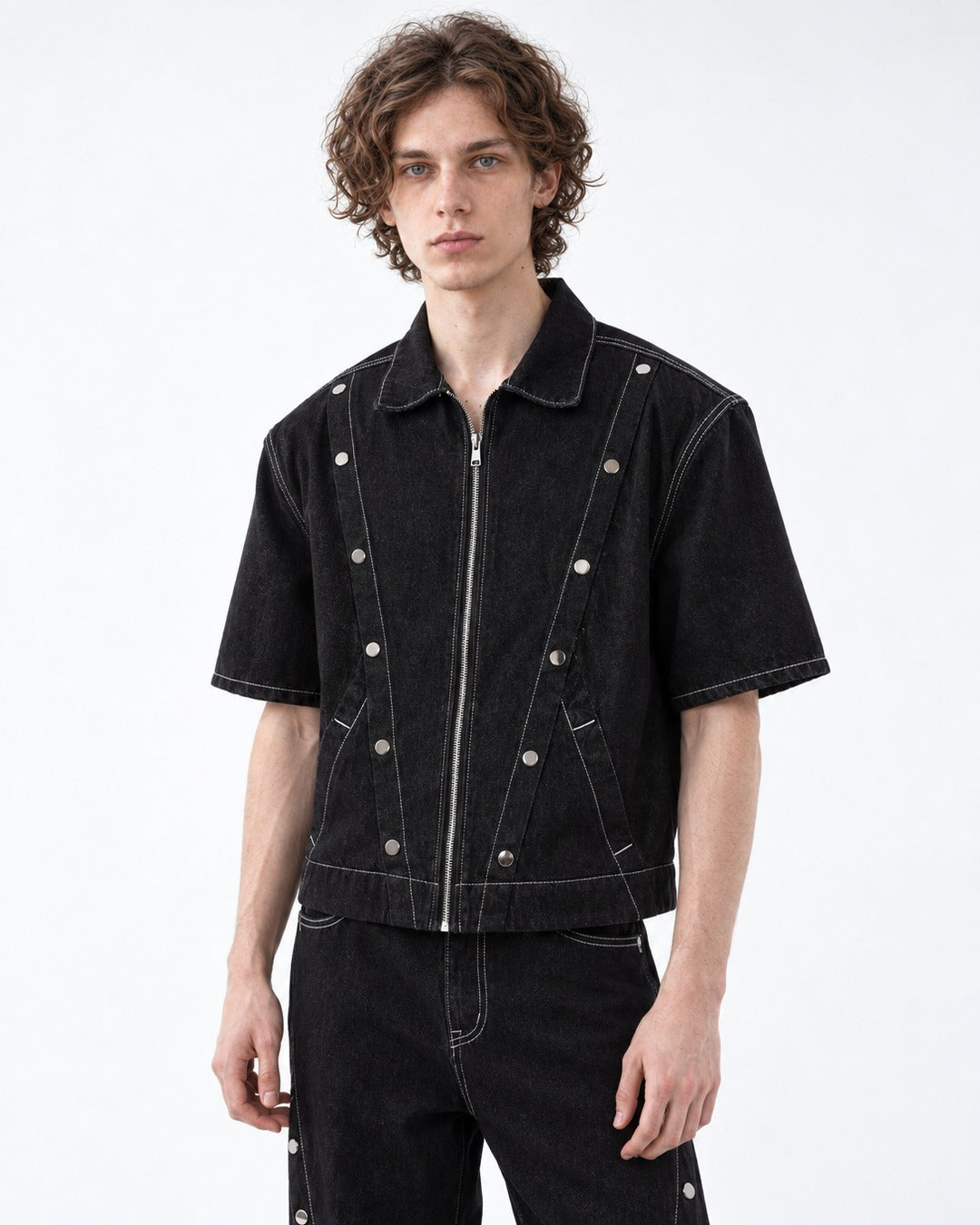 Multi-Button Contrast Stitching Denim Suit Set-Up