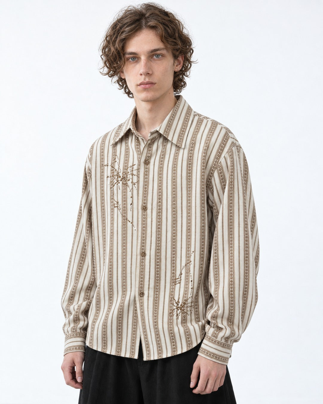 Embroidered Striped Button-Up Shirt