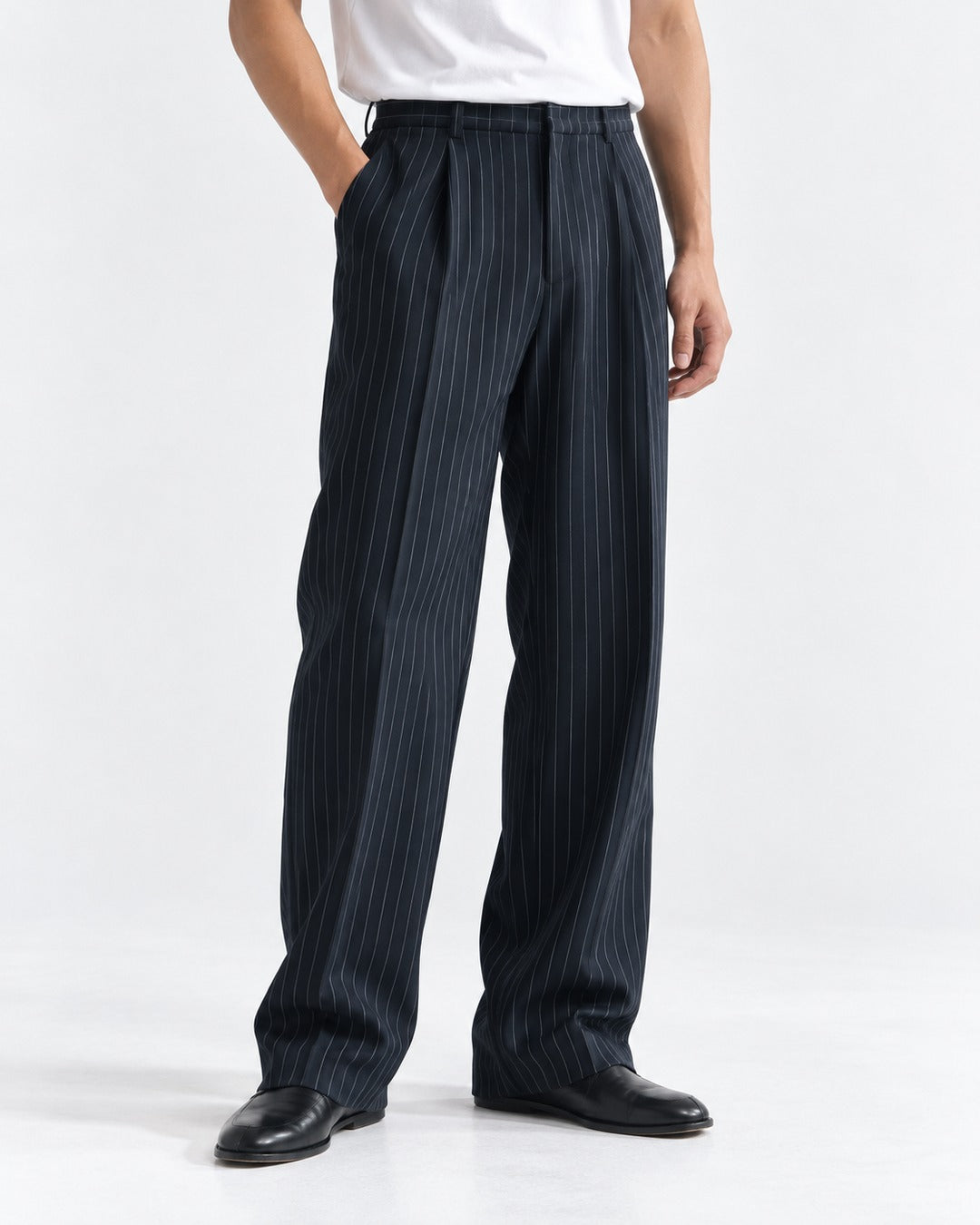 Pinstripe Pleated Straight Trousers