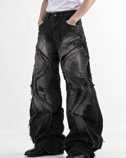Wavy Panel Frayed Zip Jeans