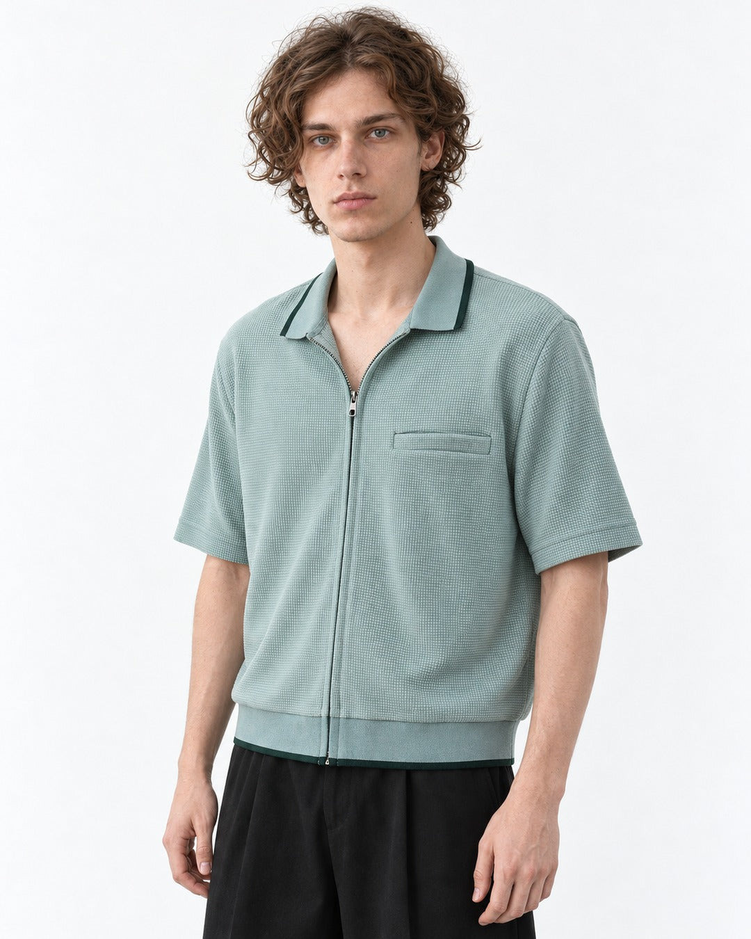 Waffle Knit Zip-Up Short Sleeve Shirt with Contrast Trim