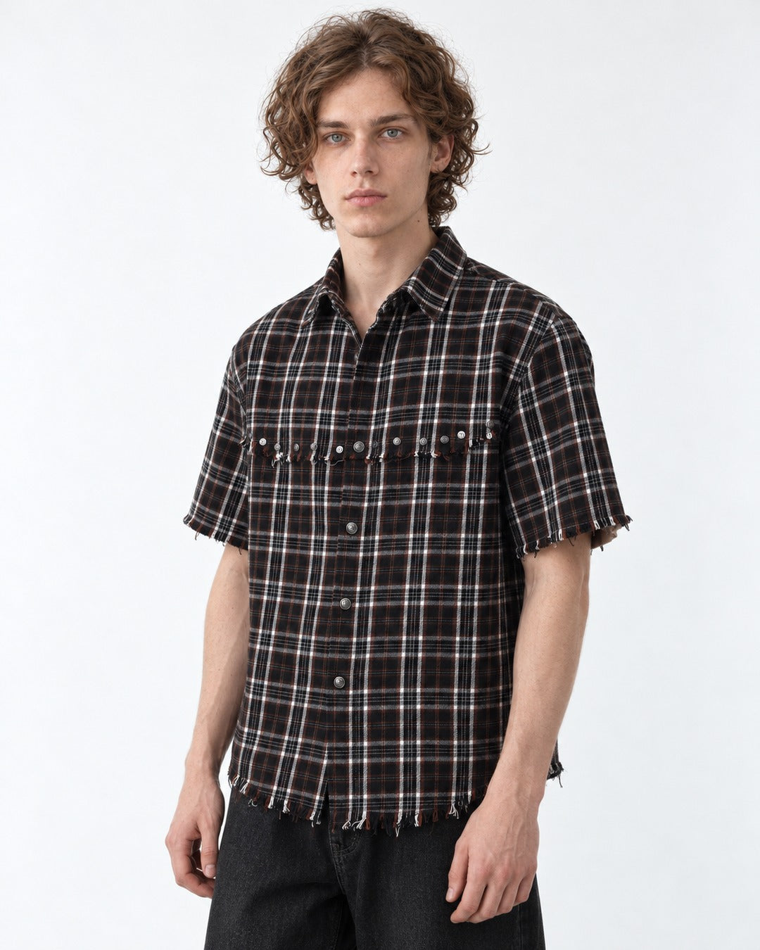 Studded Raw-Hem Plaid Shirt