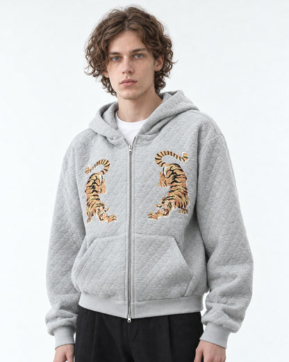 Tiger Embroidered Quilted Zip Hoodie