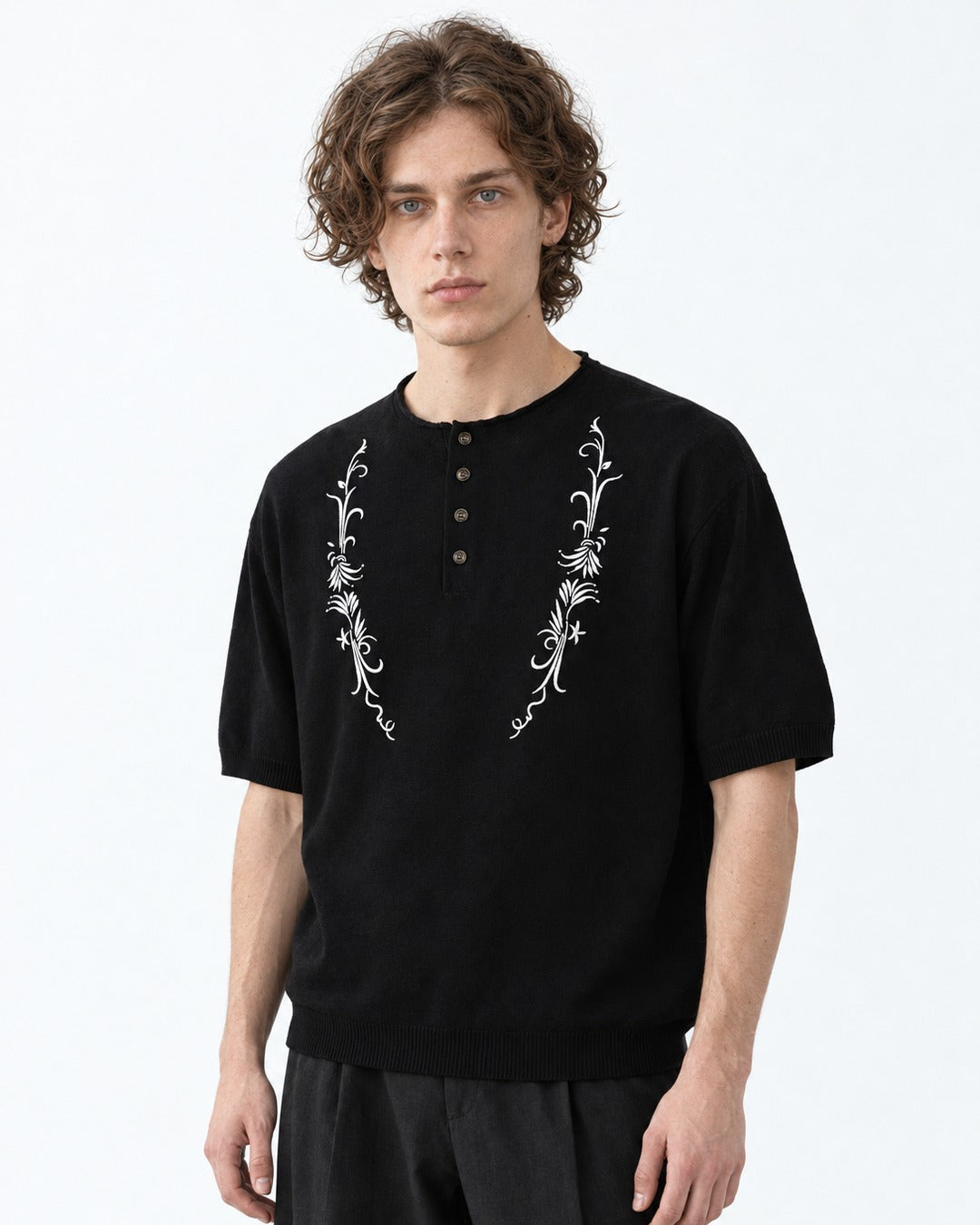 Vine Embroidered Henley Knit Top