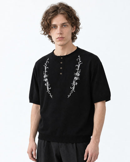 Vine Embroidered Henley Knit Top