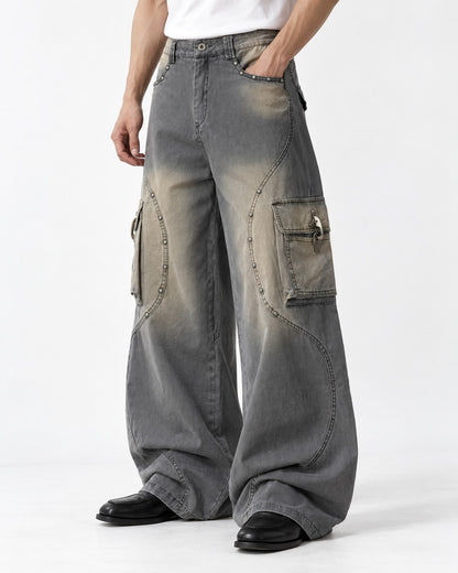 Studded Seam Faded Cargo Jeans