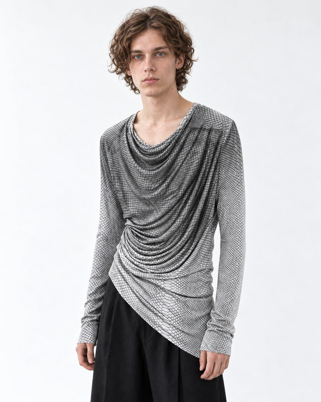 Snake Print Draped Cowl Neck Top