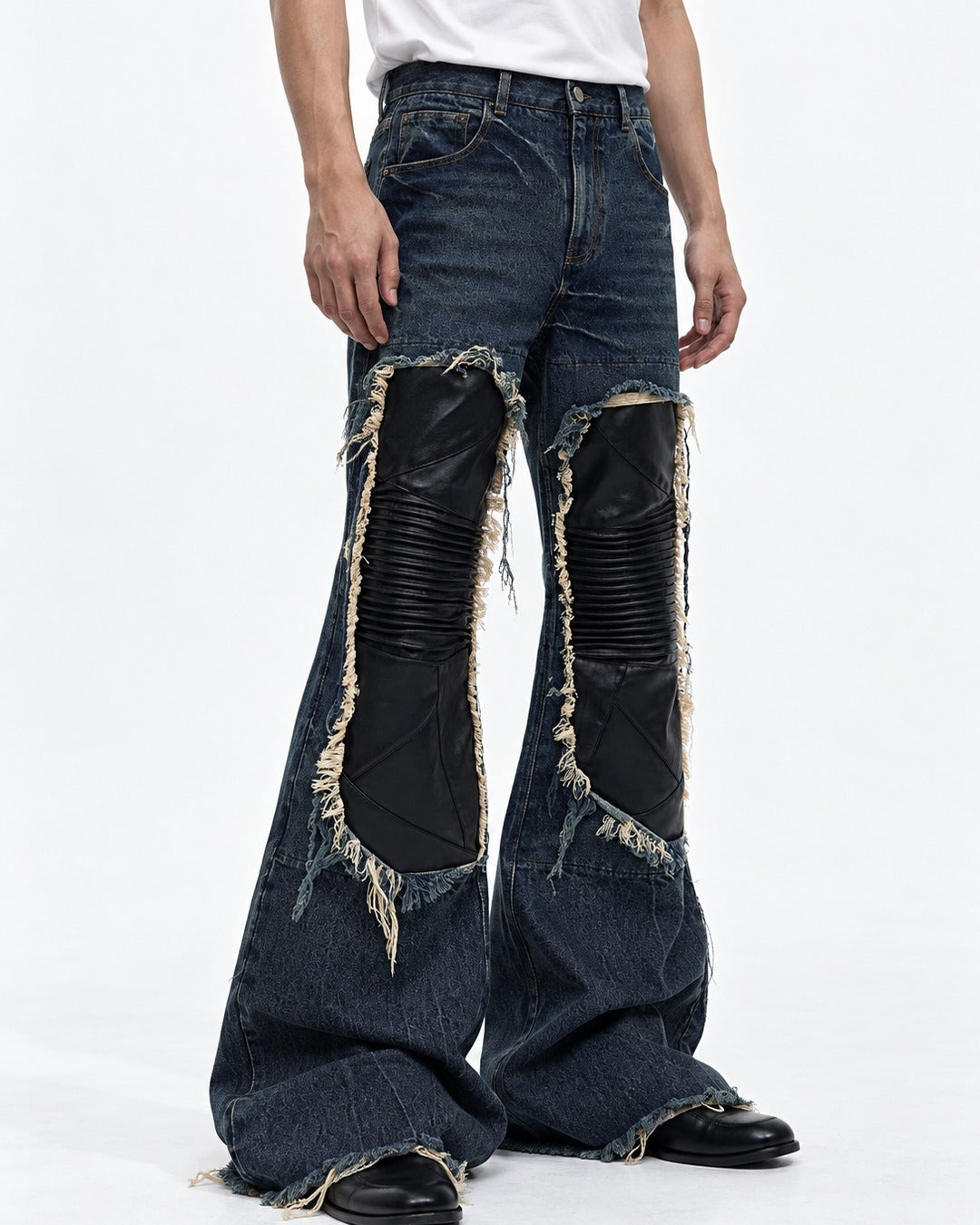 Leather Knee Patch Flared Jeans
