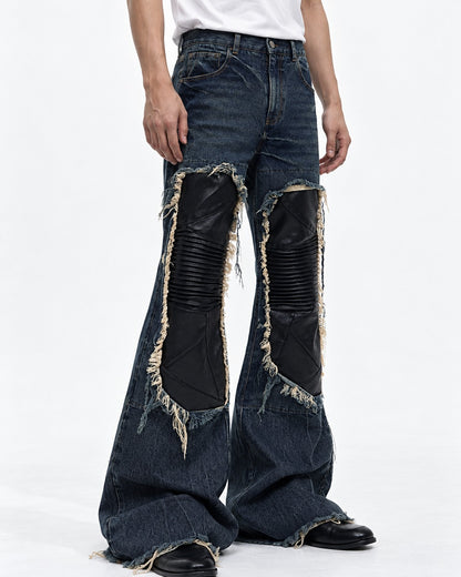Leather Knee Patch Flared Jeans