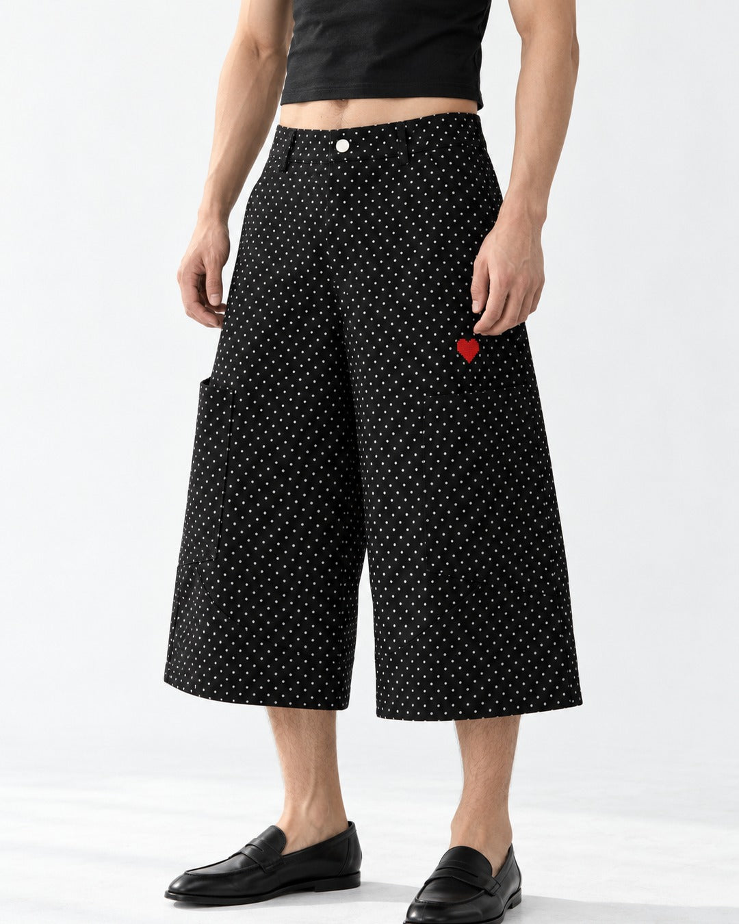Polka Dot Wide Knee-Length Pants with Heart Embroidery