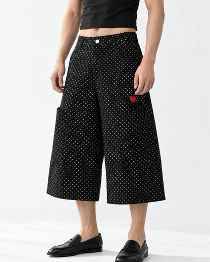 Polka Dot Wide Knee-Length Pants with Heart Embroidery