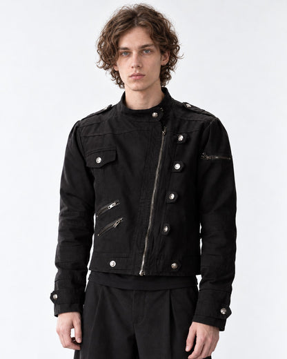 Studded Diagonal-Zip Stand Collar Jacket