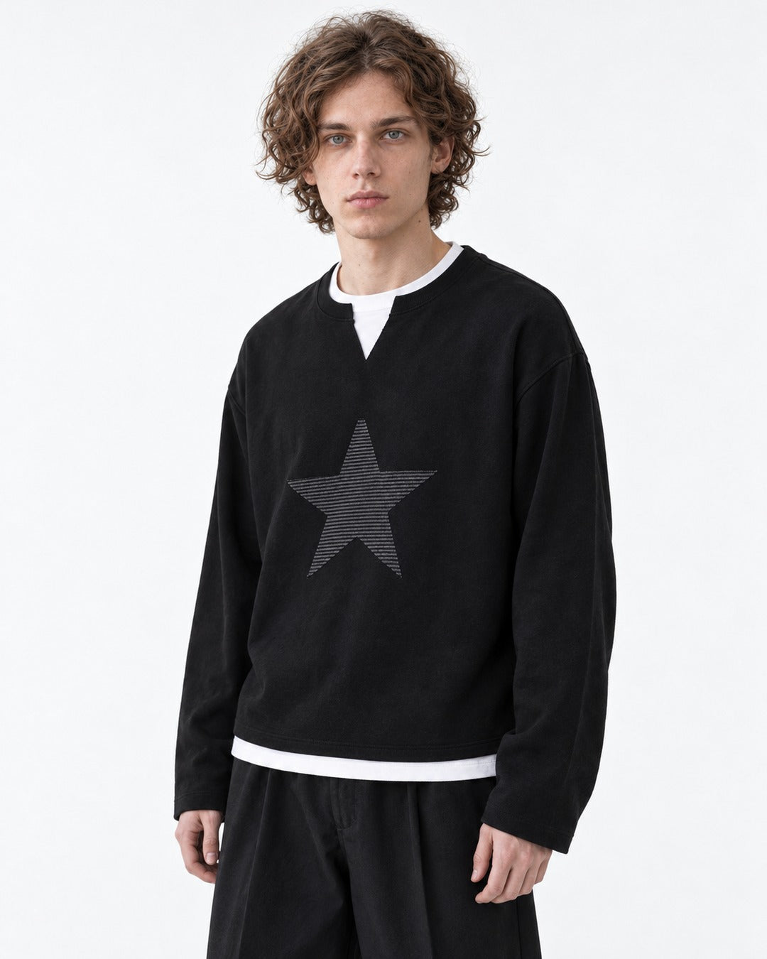 Star Patch Layered Notch Neck Sweatshirt