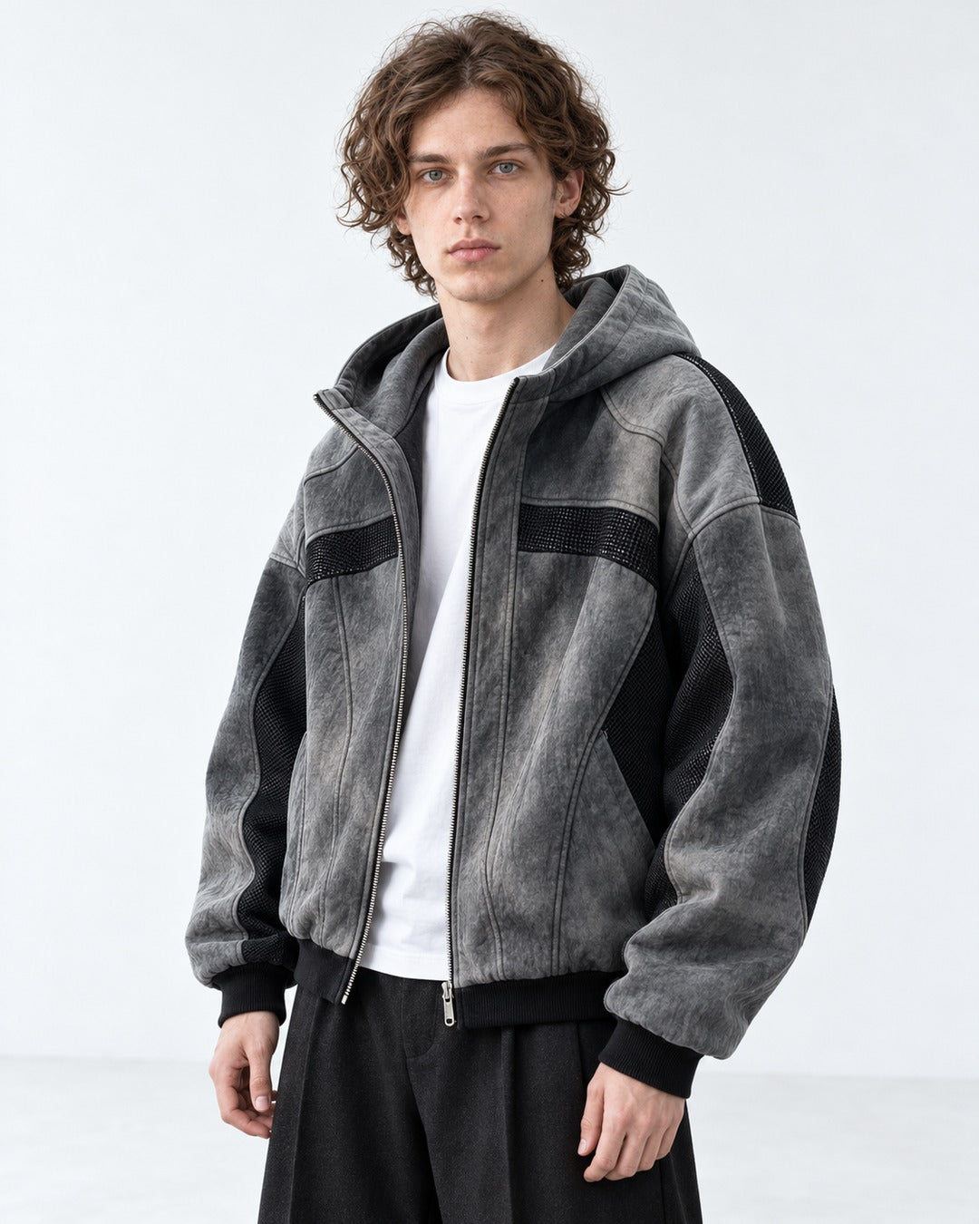 Washed Paneled Hooded Zip Jacket