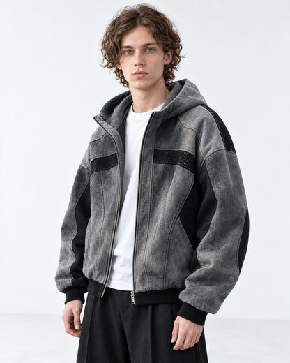 Washed Paneled Hooded Zip Jacket