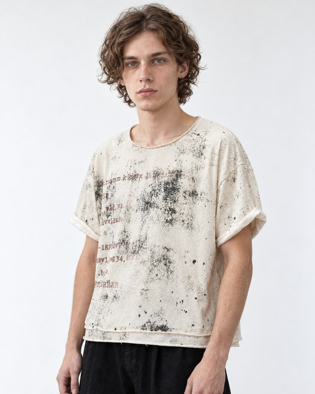 Distressed Stencil Print Raw-Cut Top
